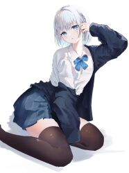 Rule 34 | 1girl, absurdres, adjusting hair, arm up, black thighhighs, blue eyes, blue jacket, blue ribbon, blue skirt, braid, collared shirt, commentary, foot out of frame, head tilt, highres, jacket, katata, long sleeves, looking at viewer, neck ribbon, off shoulder, open clothes, open jacket, open mouth, original, pleated skirt, ribbon, school uniform, shirt, short hair, simple background, sitting, skirt, solo, thighhighs, uniform, white background, white hair, white shirt, yokozuwari