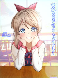 Rule 34 | 1girl, absurdres, artist name, artist request, blue eyes, blush, bow, collarbone, day, elbow on table, female focus, grey hair, hair bow, highres, hood, hoodie, jacket, light brown hair, looking at viewer, love live!, love live! school idol festival, love live! sunshine!!, parted lips, red bow, red shirt, shirt, short hair, shuu kunikida, smile, solo, translation request, watanabe you, white jacket, white shirt