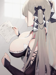 Rule 34 | 1girl, ascot, azur lane, black nails, breasts, bridal gauntlets, choker, cleavage, commentary request, faceless, faceless female, formidable (azur lane), from side, hair ribbon, hayabusa (vert 320), holding, holding paper, jewelry, large breasts, long hair, looking at paper, monochrome background, nail polish, paper, platinum blonde hair, ribbon, ring, solo, twintails, two-tone ribbon, very long hair, window