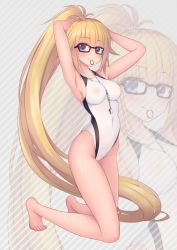 Rule 34 | 1girl, arms up, bare arms, bare legs, bare shoulders, barefoot, black-framed eyewear, blonde hair, blue eyes, blush, bunching hair, closed mouth, commentary request, competition swimsuit, covered erect nipples, diagonal stripes, fate/grand order, fate (series), glasses, hair between eyes, hair tie, hair tie in mouth, high ponytail, highleg, highleg swimsuit, jeanne d&#039;arc (fate), jeanne d&#039;arc (ruler) (fate), jeanne d&#039;arc (swimsuit archer) (fate), jeanne d&#039;arc (swimsuit archer) (second ascension) (fate), kneeling, long hair, mouth hold, one-piece swimsuit, ponytail, solo, striped, striped background, swimsuit, tying hair, very long hair, whistle, whistle around neck, white one-piece swimsuit, yoshiheihe, zoom layer