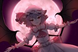 Rule 34 | 1girl, bat wings, blue hair, commentary, cowboy shot, dress, frilled shirt collar, frills, full moon, hair between eyes, hat, hat ribbon, minust, mob cap, moon, night, night sky, outdoors, outstretched arms, parted lips, puffy short sleeves, puffy sleeves, red eyes, red moon, red ribbon, red sash, remilia scarlet, ribbon, sash, short hair, short sleeves, sky, smile, solo, star (sky), starry sky, touhou, white dress, white hat, wings, wrist cuffs