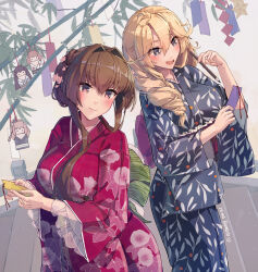 Rule 34 | 5girls, alternate costume, alternate hairstyle, artist name, blonde hair, blue eyes, blue kimono, charm (object), closed mouth, commentary request, cowboy shot, floral print, hair between eyes, hair intakes, highres, himeyamato, iowa (kancolle), japanese clothes, kantai collection, kimono, long sleeves, multiple girls, mutsu (kancolle), nagato (kancolle), open mouth, red eyes, red kimono, saratoga (kancolle), smile, star-shaped pupils, star (symbol), symbol-shaped pupils, tanabata, yamato (kancolle)