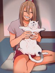 Rule 34 | 1girl, 1other, animal, cat, chainsaw man, drgryu750, closed eyes, highres, holding, holding animal, holding cat, horns, indian style, long hair, meowy (chainsaw man), on floor, pillow, power (chainsaw man), red horns, sharp teeth, short sleeves, shorts, sitting, sitting on pillow, smile, solo, table, teeth, white cat