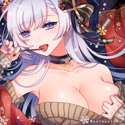 Rule 34 | 1girl, aran sweater, azur lane, belfast (azur lane), belfast (shopping with the head maid) (azur lane), beret, blush, breasts, brown sweater, cable knit, choker, cleavage, earrings, food, hair between eyes, hat, holding, holding food, holding pocky, hoop earrings, jewelry, large breasts, long hair, looking at viewer, nail polish, off-shoulder sweater, off shoulder, pocky, red hat, shawl, silver hair, smile, snowflakes, solo, sweater, tongue, tongue out, zozakura