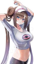 Rule 34 | 1girl, absurdres, arms up, blue eyes, breasts, brown hair, commentary request, creatures (company), crop top, double bun, doughnut hair bun, game freak, hair bun, hanasaka houcha, highres, holding, holding poke ball, large breasts, long hair, midriff, navel, nintendo, pants, poke ball, poke ball (basic), poke ball print, pokemon, pokemon bw2, raglan sleeves, rosa (pokemon), simple background, solo, stomach, sweat, twintails, very long hair, visor cap, white background, yoga pants
