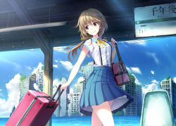 Rule 34 | 1girl, animal, bag, bird, blue skirt, blue sky, brown eyes, brown hair, building, closed mouth, cloud, cloudy sky, collared shirt, commentary request, day, hair between eyes, hair ribbon, holding, holding strap, horizon, long hair, looking back, looking down, low twintails, medium skirt, neck ribbon, noe noel, ocean, original, outdoors, overgrown, pleated skirt, ribbon, rolling suitcase, ruins, scenery, shirt, shirt tucked in, short sleeves, shoulder bag, skirt, sky, skyscraper, smile, solo, station, striped clothes, striped shirt, suitcase, sunlight, suspender skirt, suspenders, tareme, translation request, twintails, walking, wind, yellow ribbon