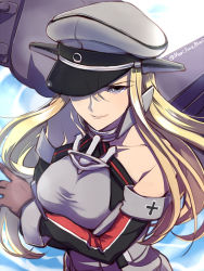 Rule 34 | 10s, 1girl, anchor, bare shoulders, bismarck (kancolle), blonde hair, blue eyes, breasts, brown gloves, detached sleeves, gloves, hat, kantai collection, large breasts, long hair, machinery, military, military uniform, peaked cap, primary stage, smile, solo, twitter username, uniform