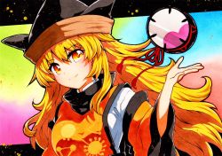 Rule 34 | 1girl, bad id, bad twitter id, black border, black hat, blonde hair, blue background, border, breasts, brown hat, cape, closed mouth, constellation, constellation print, detached sleeves, drum, gradient eyes, green background, hair between eyes, hand up, hat, highres, instrument, long hair, long sleeves, looking at viewer, matara okina, medium breasts, multicolored background, multicolored eyes, orange cape, pink background, qqqrinkappp, red background, red eyes, shirt, smile, solo, tabard, touhou, traditional media, tsuzumi, upper body, white shirt, wide sleeves, yellow eyes
