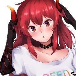 Rule 34 | 1girl, :o, bad id, bad pixiv id, blush, clothes writing, collar, collarbone, commentary request, dola (nijisanji), dragon girl, dragon horns, highres, horns, long hair, looking at viewer, nijisanji, red eyes, red hair, shirayuiii, shirt, simple background, solo, upper body, virtual youtuber, white background, white shirt