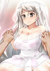 Rule 34 | 1boy, 1girl, blush, breasts, bridal veil, cleavage, commission, conte di cavour (kancolle), dress, grey eyes, grey hair, hair between eyes, hetero, highres, holding hands, implied sex, jewelry, kantai collection, large breasts, long hair, ring, signature, skeb commission, smile, solo focus, spread legs, twitter username, vaginal, veil, wedding band, wedding dress, white dress, yo-suke