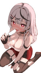 Rule 34 | 1girl, absurdres, ara1e, bare shoulders, black hair, blush, braid, breasts, choker, cleavage, fingerless gloves, food, garter straps, gloves, grey hair, hair ornament, hairclip, heart, heart-shaped pupils, heart choker, highres, hololive, large breasts, licking, long hair, looking at viewer, multicolored hair, pantyhose, popsicle, red eyes, sakamata chloe, sexually suggestive, single braid, sitting, sketch, skirt, solo, streaked hair, symbol-shaped pupils, tongue, torn clothes, torn pantyhose, virtual youtuber, wariza