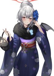 Rule 34 | 1girl, absurdres, adjusting hair, bag, black wings, blue archive, blue bow, blue flower, blue kimono, blush, bow, braid, e buki, flower, fur-trimmed kimono, fur trim, grey hair, grin, hair between eyes, hair bow, hair bun, hair flower, hair ornament, halo, haruna (blue archive), haruna (new year) (blue archive), highres, holding, holding bag, japanese clothes, kimono, long sleeves, looking at viewer, obi, official alternate costume, red eyes, sash, simple background, single wing, smile, solo, white background, wide sleeves, wings