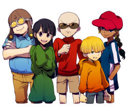 Rule 34 | 2girls, 3boys, ^ ^, numbuh 5, bald, black eyes, black hair, blonde hair, blunt bangs, braid, brown hair, cartoon network, clenched hand, clenched hands, clenched teeth, closed eyes, codename: kids next door, cowboy shot, crossed arms, dark skin, earrings, everyone, goggles, green eyes, hair over eyes, hand in pocket, hat, hogarth pennywhistle gilligan jr, numbuh 2, hood, hoodie, jewelry, numbuh 3, long hair, long sleeves, looking at viewer, multiple boys, multiple girls, numbuh 1, numbah 1, numbah 2, numbah 3, numbah 4, numbah 5, open mouth, parted lips, shorts, simple background, size difference, sleeves past wrists, smile, standing, sunglasses, sweater, t k g, teeth, numbuh 4, white background