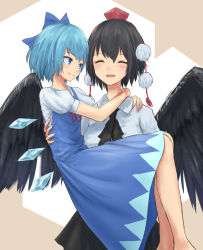Rule 34 | 2girls, arm around neck, ascot, barefoot, black hair, black skirt, black wings, blue bow, blue dress, blue eyes, blue hair, bow, brown background, carrying, cirno, closed eyes, collared shirt, commentary request, dress, english text, hair bow, hat, hug, ice, ice wings, multiple girls, neck ribbon, open mouth, pom pom (clothes), princess carry, puffy sleeves, red hat, red ribbon, ribbon, roke (taikodon), shameimaru aya, shirt, short hair, short sleeves, skirt, sleeveless, sleeveless dress, smile, tokin hat, touhou, white background, white shirt, wing collar, wings, yuri