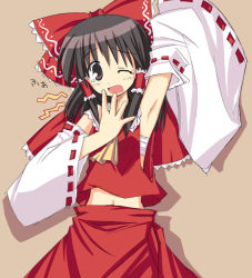 Rule 34 | 1girl, arm up, armpits, ascot, black hair, bow, brown background, brown eyes, colorized, detached sleeves, female focus, hair bow, hair tubes, hakurei reimu, hoshi umi, imperishable night, japanese clothes, long hair, looking at viewer, midriff, miko, navel, one eye closed, open mouth, sarashi, shadow, simple background, skirt, skirt set, solo, standing, tears, touhou, wink, yawning, yellow ascot