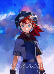Rule 34 | 1boy, blue background, blue eyes, closed mouth, facing viewer, floating hair, goggles, goggles on head, grandia, grandia i, hat, justin (grandia), looking at viewer, male focus, painting (medium), red hair, short sleeves, smile, solo, traditional media, ukumo uichi, watercolor (medium), wind