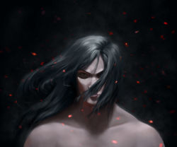 Rule 34 | 1boy, absurdres, ashina genichirou, bare shoulders, black hair, blurred lemon, closed mouth, collarbone, commentary, dark background, embers, floating hair, hair over one eye, highres, long hair, looking at viewer, male focus, red eyes, sekiro: shadows die twice, serious, solo, upper body