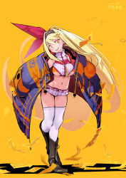 Rule 34 | 1girl, amunero (kyouka jinrui amunero), bare shoulders, blonde hair, blue jacket, blush, boots, bow, breasts, brown footwear, full body, hair between eyes, hair bow, hairband, hyocorou, jacket, kyouka jinrui amunero, large breasts, long hair, medium breasts, multicolored clothes, multicolored jacket, navel, open mouth, orange jacket, original, oversized clothes, red bow, simple background, sleeves past wrists, smile, solo, standing, talisman, thighhighs, turtleneck, underboob, very long hair, white thighhighs, yellow background, yellow eyes