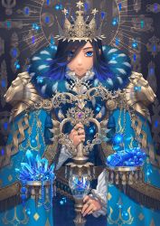 Rule 34 | 1girl, armor, black hair, blue eyes, blue flower, blue hair, blue nails, blue theme, chain, colored tips, crown, crystal, expressionless, eyes visible through hair, flower, food, fruit, gem, highres, jewelry, minami (minami373916), multicolored hair, nail polish, necklace, original, pauldrons, ring, shoulder armor, solo, tassel, two-tone hair, unworn jewelry, unworn necklace, upper body, weighing scale