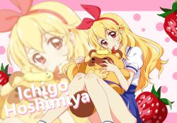 Rule 34 | 1girl, aikatsu!, aikatsu! (series), biting, blonde hair, blush, bow, character name, commentary, ebipon, food, fruit, hair bow, hairband, highres, holding, holding stuffed toy, hoshimiya ichigo, knees together feet apart, long hair, looking at viewer, mascot, name connection, open mouth, pleated skirt, polka dot, polka dot background, puffy short sleeves, puffy sleeves, red eyes, school uniform, shiny skin, short sleeves, sitting, skirt, socks, solo, starlight academy school uniform, strawberry, stuffed animal, stuffed toy, thighs, tokiani, zoom layer