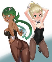 Rule 34 | 2girls, alternate costume, armpits, ass, back, bad id, bad pixiv id, blonde hair, blue background, blunt bangs, breasts, cleavage, closed mouth, cowboy shot, creatures (company), cufflinks, dark-skinned female, dark skin, detached collar, from side, full body, game freak, gradient background, green hair, hand on own hip, high heels, kneeling, legs apart, leotard, lillie (pokemon), long hair, looking back, mallow (pokemon), medium breasts, multiple girls, nintendo, ontaros, open mouth, pantyhose, parted bangs, playboy bunny, pokemon, pokemon sm, shiny clothes, shoes, simple background, small breasts, smile, standing, swept bangs, teeth, thighs, tray, twintails, upper teeth only, white background