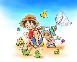 Rule 34 | 2boys, antlers, blue shorts, bug, butterfly, butterfly net, caterpillar, chaa (aoichar522 ), flower, hand net, hat, holding, holding butterfly net, holding stick, horns, insect, looking down, male focus, monkey d. luffy, multiple boys, one piece, pink shirt, puff of air, red shirt, reindeer antlers, sash, scar, scar on chest, shirt, shorts, sky, squatting, stick, straw hat, tony tony chopper, yellow sash