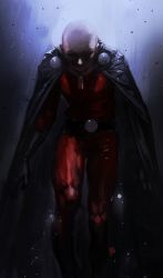 Rule 34 | 1boy, alternate costume, bald, belt, black cape, black gloves, bodysuit, cape, feet out of frame, gloves, leaning forward, looking at viewer, male focus, muscular, one-punch man, oollnoxlloo, red bodysuit, saitama (one-punch man), shaded face, solo, standing