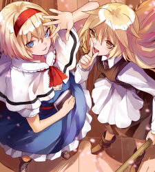 Rule 34 | 2girls, alice margatroid, apron, ascot, blonde hair, blue dress, blue eyes, book, boots, braid, broom, brown eyes, capelet, cleavage cutout, clothing cutout, cross-laced footwear, dress, eredhen, from above, full body, hairband, highres, kirisame marisa, lace-up boots, long hair, long sleeves, looking at viewer, multiple girls, necktie, no headwear, no headwear, open mouth, ribbon, sash, shirt, short hair, short sleeves, side braid, single braid, skirt, skirt set, smile, touhou, vest, waist apron