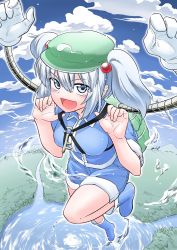 Rule 34 | &gt;:d, 1girl, :d, backpack, bag, blue hair, blue sky, blush, boots, cloud, day, fisheye, fuuzasa, hair bobbles, hair ornament, hat, highres, kawashiro nitori, lake, mechanical arms, open mouth, river, rubber boots, shirt, shorts, sky, smile, solo, touhou, twintails, two side up, v-shaped eyebrows