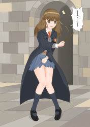 Rule 34 | 1girl, arm up, artist request, black footwear, black socks, blue skirt, blush, breasts, brown eyes, brown hair, cloak, dress, full body, grey jumper, harry potter (series), have to pee, hermione granger, highres, indoors, kneehighs, knees together feet apart, long hair, long sleeves, matching hair/eyes, medium breasts, necktie, open mouth, pinafore dress, pleated skirt, red necktie, shirt, shoes, skirt, skirt grab, sleeveless dress, socks, solo, speech bubble, standing, text focus, translation request, wand, white shirt, wizarding world
