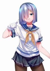 Rule 34 | 001machi, 1girl, absurdres, black pantyhose, blue eyes, blush, breasts, eyes visible through hair, gloves, grey hair, grey skirt, hair ornament, hair over one eye, hairclip, hamakaze (kancolle), highres, kantai collection, large breasts, looking at viewer, neckerchief, pantyhose, pleated skirt, school uniform, serafuku, short hair, short sleeves, simple background, skirt, smile, solo, white gloves, yellow neckerchief