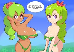 Rule 34 | 2019, areola slip, artist name, breasts, cleavage, cloud, dryad, dryad (terraria), grass, green hair, green lips, highres, large breasts, mountain, navel, open mouth, plant, purple eyes, revealing clothes, signature, sky, smile, supersegasonicss, terraria, tongue