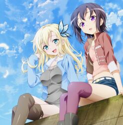Rule 34 | 2girls, aqua eyes, arm support, black hair, blonde hair, blue jacket, blue sky, boku wa tomodachi ga sukunai, boots, breasts, brown footwear, butterfly hair ornament, collarbone, commentary request, day, denim, denim shorts, dress, fang, feathers, grey dress, hair ornament, highres, jacket, kashiwazaki sena, knee boots, long hair, long sleeves, looking ahead, looking at viewer, medium breasts, mikazuki yozora, multiple girls, official art, open mouth, pink thighhighs, purple eyes, red jacket, short hair, shorts, sitting, sky, thigh boots, thighhighs, watanabe yoshihiro