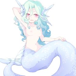 Rule 34 | 1girl, aqua hair, arm up, bad id, bad pixiv id, blush, breasts, completely nude, curly hair, frfr, long hair, mermaid, monster girl, navel, nipples, nude, original, red eyes, simple background, small breasts, solo, white background