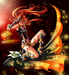 Rule 34 | 1girl, belt, boots, contemporary, corset, fur trim, headband, jewelry, knee boots, lina inverse, long hair, one eye closed, orange hair, red eyes, salute, shailo, shorts, slayers, solo, wink