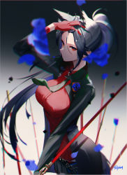 Rule 34 | 1girl, animal ears, arknights, arm up, black hair, black jacket, breasts, commentary request, forehead, gloves, jacket, large breasts, long hair, long sleeves, official alternate costume, omone hokoma agm, red eyes, red gloves, red shirt, shirt, solo, texas (arknights), texas (willpower) (arknights), upper body, very long hair, wolf ears