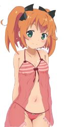 Rule 34 | 1girl, absurdres, babydoll, blush, breasts, green eyes, highres, kaitou tenshi twin angel, lingerie, midriff, minazuki haruka (twin angel), navel, orange hair, simple background, sl8-all, small breasts, smile, twin angel, twintails, underwear, white background