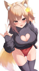Rule 34 | 1girl, :d, absurdres, animal ears, annytf, black gloves, black sweater, blonde hair, blush, breasts, brown hair, cleavage, cleavage cutout, clothing cutout, covered navel, feet out of frame, fingerless gloves, fox ears, fox girl, fox shadow puppet, fox tail, gloves, grey thighhighs, greyscale, groin, hand on own hip, heart cutout, highres, indie virtual youtuber, large breasts, leotard, leotard under clothes, long hair, long sleeves, looking at viewer, monochrome, one side up, open mouth, red leotard, simple background, smile, solo, standing, sweater, tail, thighhighs, tyabesu, virtual youtuber, white background