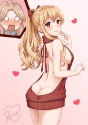Rule 34 | 10s, 2girls, ass, backless dress, backless outfit, bare arms, bare back, bare shoulders, blonde hair, blush, bow, breasts, brown hair, butt crack, cowboy shot, dress, eyelashes, from behind, granblue fantasy, halterneck, heart, highres, katalina (granblue fantasy), kurisu-kun, light brown hair, lipstick, long hair, looking at viewer, makeup, medium breasts, meme attire, multiple girls, naked sweater, o o, parted lips, pink lips, ponytail, red background, red bow, red eyes, red sweater, ribbed sweater, shiny skin, sideboob, sidelocks, signature, solo focus, surprised, sweater, sweater dress, turtleneck, turtleneck sweater, vira (granblue fantasy), virgin killer sweater