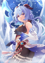 Rule 34 | 1girl, ahoge, armpits, bare shoulders, bell, black gloves, blue hair, blurry, blurry background, bodysuit, breasts, cowbell, cowboy shot, curled horns, detached sleeves, flower knot, from side, ganyu (genshin impact), genshin impact, gloves, hair between eyes, hand up, highres, hikashou, horns, ice, long hair, long sleeves, looking at viewer, looking to the side, medium breasts, messy hair, multicolored clothes, parted lips, purple eyes, sidelocks, snow, solo, standing, tassel, thighlet