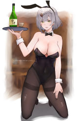 Rule 34 | 1girl, absurdres, alcohol, animal ears, black bow, black bowtie, black leotard, black pantyhose, blunt bangs, bottle, bow, bowtie, braid, braided bangs, breasts, choko (cup), cleavage, covered navel, cup, detached collar, genshin impact, green eyes, grey hair, hair between eyes, hand on own thigh, highres, julionugroho35, large breasts, leotard, looking at viewer, noelle (genshin impact), outside border, pantyhose, playboy bunny, rabbit ears, rabbit tail, sake, sake bottle, short hair, solo, strapless, strapless leotard, tail, thigh gap, wrist cuffs