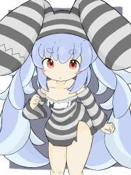 Rule 34 | 1girl, :o, absurdres, animal ears, animal hat, blue hair, blush stickers, breasts, cleavage, collarbone, commentary request, dress, fake animal ears, feet out of frame, grey background, hat, highres, hololive, long hair, long sleeves, looking at viewer, off shoulder, parted lips, prison clothes, rabbit ears, rabbit hat, rururu (pyrk8855), small breasts, solo, standing, striped clothes, striped dress, striped headwear, twintails, two-tone background, usada pekora, usada pekora (prisoner), very long hair, virtual youtuber, white background, wide sleeves