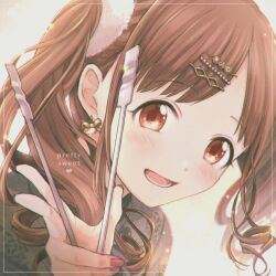 Rule 34 | 1girl, black dress, black ribbon, blush, brown hair, close-up, dot nose, double bun, dress, earrings, grid, hair bun, hair ornament, hairpin, highres, holding, idolmaster, idolmaster million live!, idolmaster shiny colors, jewelry, long hair, looking at viewer, nogoodlife, open mouth, pink nails, red eyes, ribbon, shirt, simple background, smile, solo, sonoda chiyoko, tongs, twintails, white background
