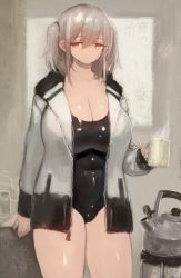 Rule 34 | 1girl, breasts, brown eyes, cameltoe, cleavage, cleft of venus, coffee, cup, expressionless, highres, jacket, large breasts, mug, silver hair, skin tight, solo, standing, surutsu, swimsuit, thighs, twintails