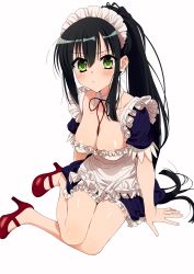 Rule 34 | 1girl, absurdres, apron, arm support, bare legs, black dress, black hair, blush, breasts, cleavage, detached collar, dress, frilled apron, frilled dress, frills, full body, green eyes, high heels, highres, kerorira, large breasts, legs, long hair, looking at viewer, maid, maid headdress, mary janes, neck ribbon, original, ponytail, red footwear, red ribbon, ribbon, shoes, short sleeves, sidelocks, simple background, sitting, solo, very long hair, white apron, white background