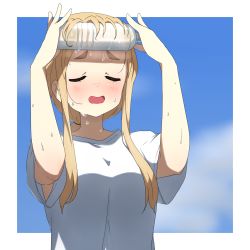 Rule 34 | 1girl, arms up, blonde hair, blue sky, blush, border, bottle, commentary request, closed eyes, highres, k-on!, kicchi (tmgk), kotobuki tsumugi, long hair, open mouth, shirt, short sleeves, sky, solo, sweat, thick eyebrows, upper body, water bottle, white border, white shirt