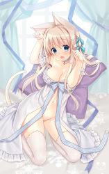 Rule 34 | 1girl, animal ears, arms up, babydoll, bell, blue eyes, blush, breasts, cat ears, cat girl, cat tail, cleavage, collar, hair between eyes, hair ornament, hair ribbon, light brown hair, long hair, looking at viewer, medium breasts, navel, neck bell, no panties, open mouth, original, paw pose, ribbon, ryuuga shou, seiza, sidelocks, sitting, snowflakes, solo, tail, thighhighs, white babydoll