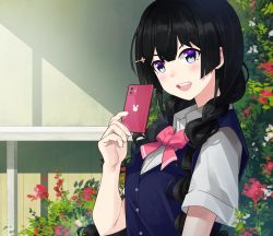 Rule 34 | 1girl, :d, black hair, blue eyes, blush, bow, bowtie, braid, cellphone, commentary request, flower, hair ornament, hairclip, highres, kaguya (srx61800), long hair, looking at viewer, nijisanji, open mouth, outdoors, phone, pink bow, school uniform, smile, solo, tsukino mito, tsukino mito (3rd costume), twin braids, upper body, virtual youtuber