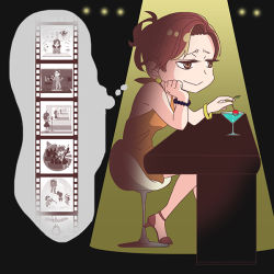 Rule 34 | 1girl, bracelet, brown hair, cherry, commentary, dress, drink, earrings, film strip, food, fruit, halterneck, higuchi (trigger), jewelry, official art, thought bubble, trigger (company)