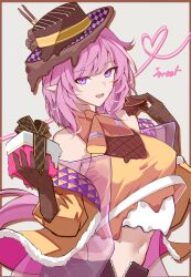 Rule 34 | 1girl, :d, absurdres, alternate costume, armpit crease, bare shoulders, black gloves, border, brown border, cake, cake hat, candy, chocolate, chocolate heart, coat, commentary, detached collar, dot nose, elbow gloves, elysia (honkai impact), food, food-themed clothes, fur trim, gift, gloves, hat, heart, heart of string, highres, holding, holding gift, honkai (series), honkai impact 3rd, long sleeves, looking at viewer, melting, midriff, navel, off shoulder, open clothes, open coat, open mouth, outside border, panty straps, partially unzipped, patterned clothing, pink hair, pocky, pointy ears, ponytail, purple coat, purple eyes, shirt, sidelocks, sleeveless, sleeveless shirt, smile, solo, sparks summer, symbol-only commentary, translucent, upper body, white background, yellow coat, yellow shirt